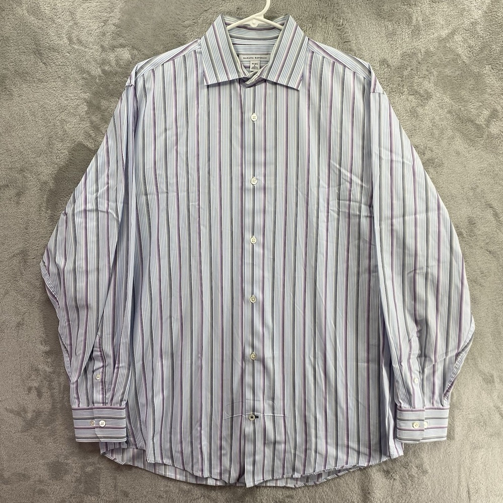 Banana Republic Dress Shirt Mens L 16.5 Blue Pink Striped Long Sleeve Button Up